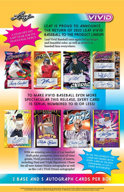 2023 Leaf Vivid Baseball Box - 5 Autographs & 2 Base Cards