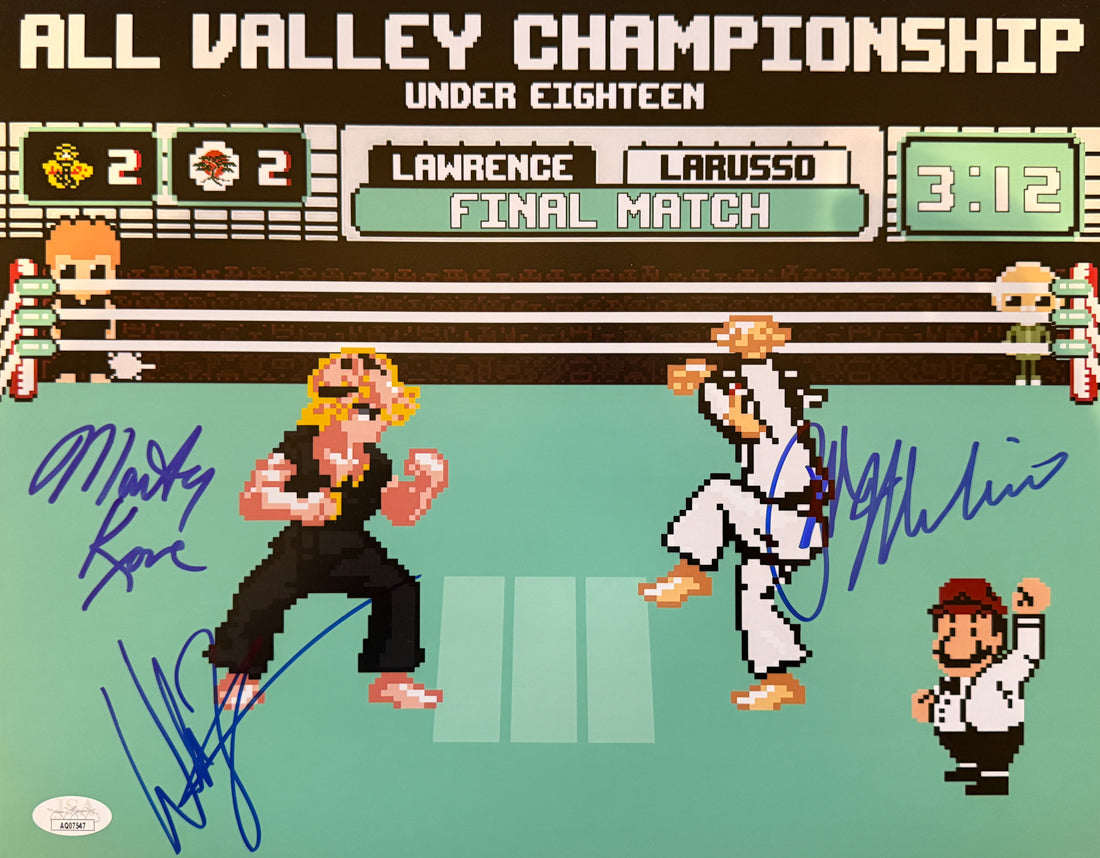 Ralph Macchio, Billy Zabka & Martin Kove Signed 11x14 Karate Kid 8-bit Beckett COA from Private Signing