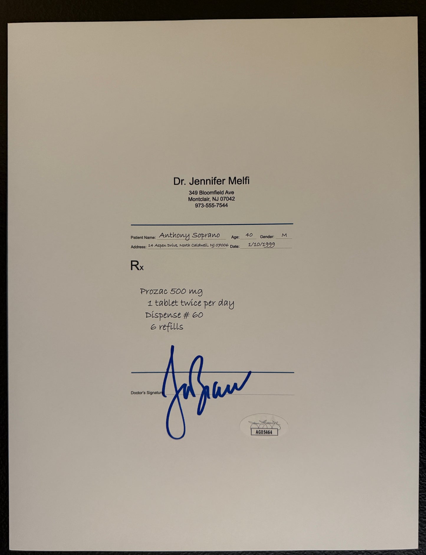 Lorraine Bracco Signed 8.5x11 Prescription Pad for Anthony Soprano Prozac JSA COA from Private Signing